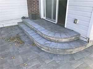 curved semi round patio steps step porch stoop nicolock westchester blend granite city verona wall stone ridge rustico rockface bluestone coping